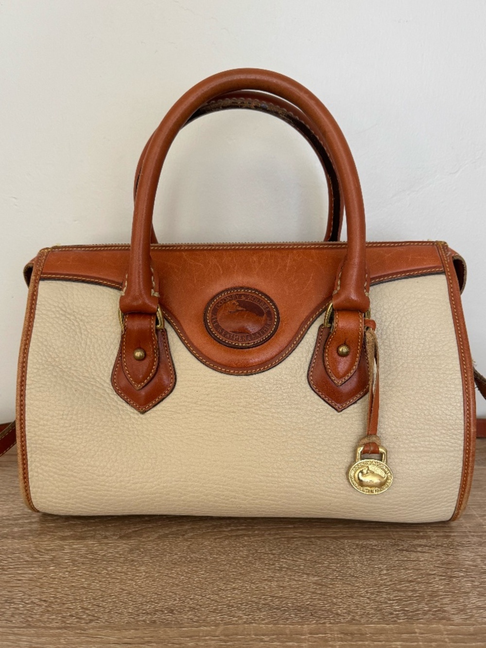 Vintage Dooney & Bourke Cream Pebbled Leather Satchel Bag with Crossbody Strap